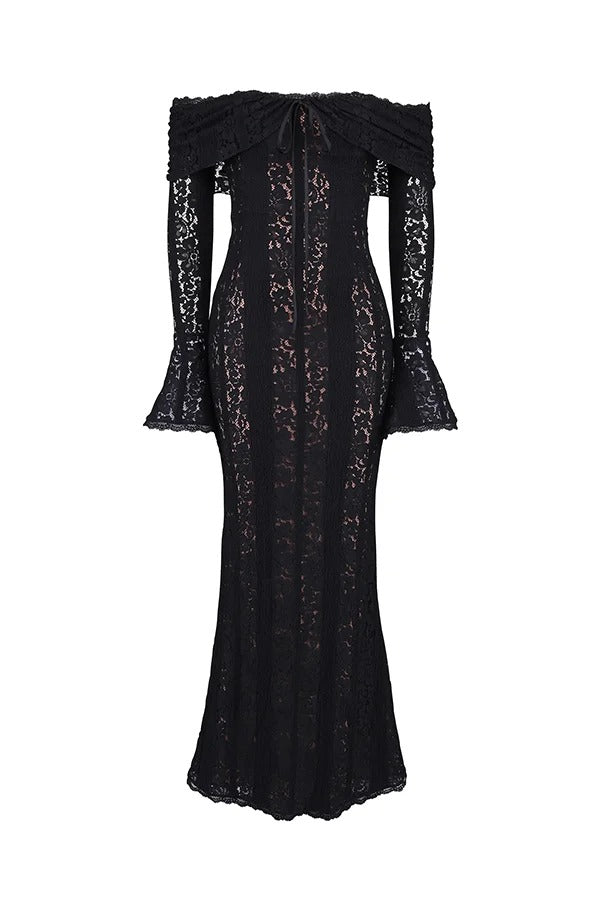 Lace Off Shoulder Flare Sleeve Fishtail Maxi Dresses-white