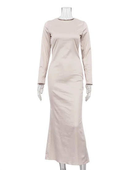 Hollow Out Satin Maxi Dress Female High Waist Slim Scoop Neck Long Sleeve Dress Zipper Party Dress Summer