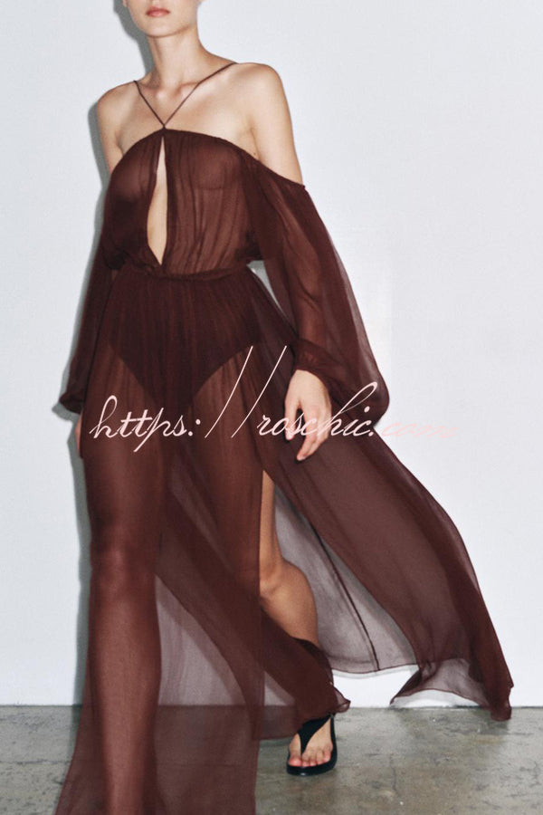 Marsie Semi-sheer Fabric Cutout Off Sholder Elastic Waist Slit Maxi Dress