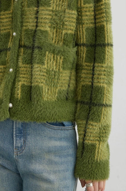 Plaid Fuzzy Cropped Cardigan