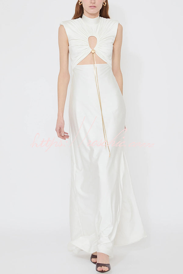 Genis Hollow Elastic Bust High Neck Sleeveless Gathered Maxi Dress