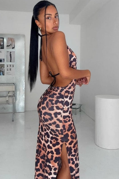 Leopard High Waist Backless Maxi Dress
