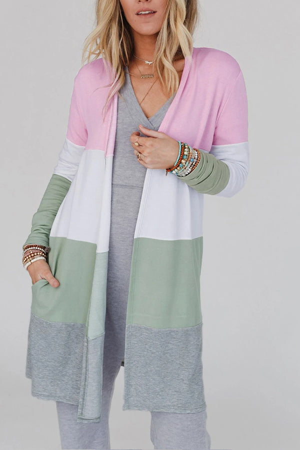 Multicolor Color Block Pocketed Duster Cardigan