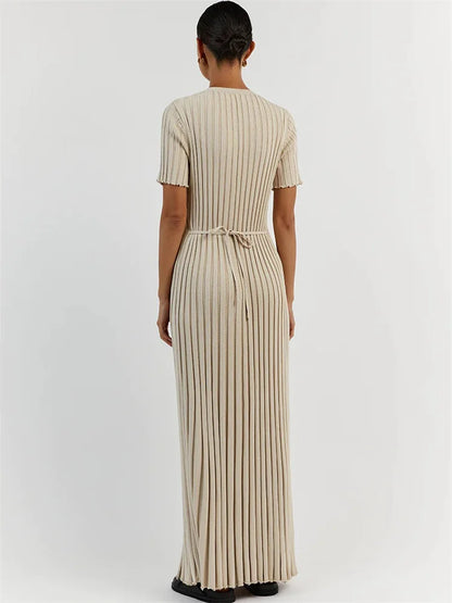 Ribbed Short Sleeve Maxi Dress Knitwear Lace-up High Waist Patchwork Dress Autumn Female Knit Dress New