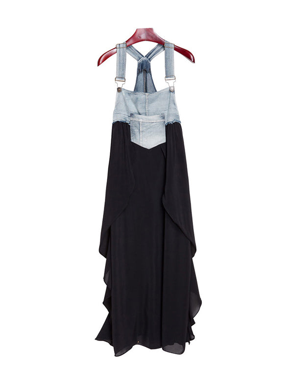 Irregularity Loose Falbala Split-joint Spaghetti-neck Maxi Dresses