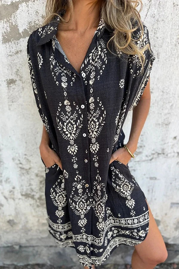 Linen Blend Unique Print Lapel Pocket Mini Dress