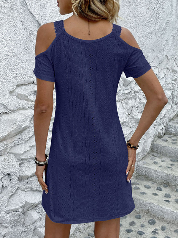 A-line High Waisted Hollow Color Split-joint Cold Shoulder Mini Dresses