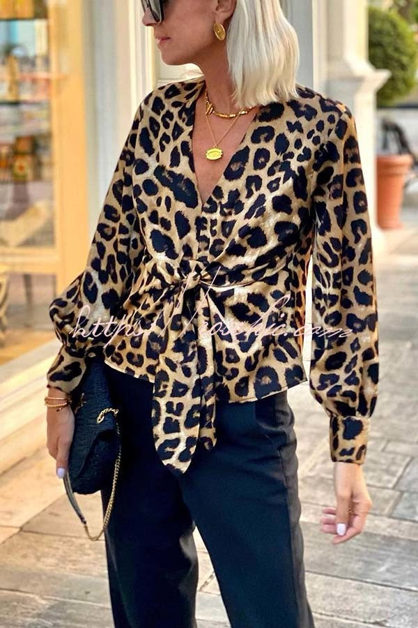 Janae Leopard Print Front Tie-up Lantern Sleeve Blouse