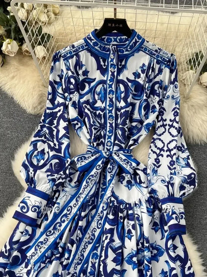Long Dress Printing Long Sleeve Maxi Dresses Slim A-line High Waisted Bandage Long Robe Vestidos
