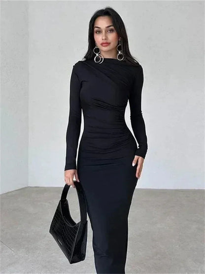 Pleated Autumn Dress Patchwork Long Sleeve Maxi Dress