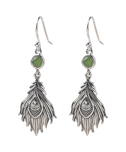Sterling Silver Jade Feather Drop Earrings