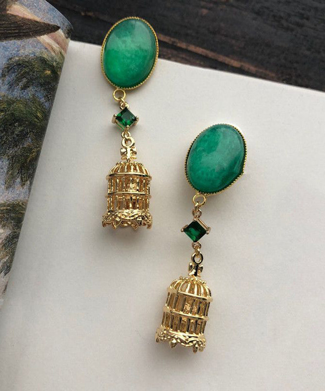 Green Sterling Silver Overgild Hollow Out Birdcage Drop Earrings