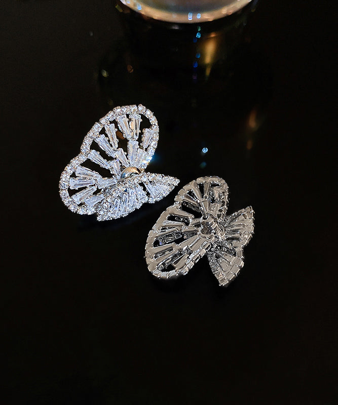 Silk Copper Zircon Hollow Out Butterfly Stud Earrings