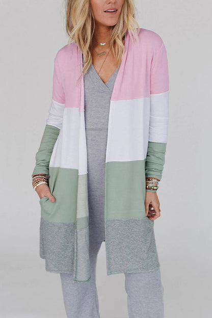 Multicolor Color Block Pocketed Duster Cardigan