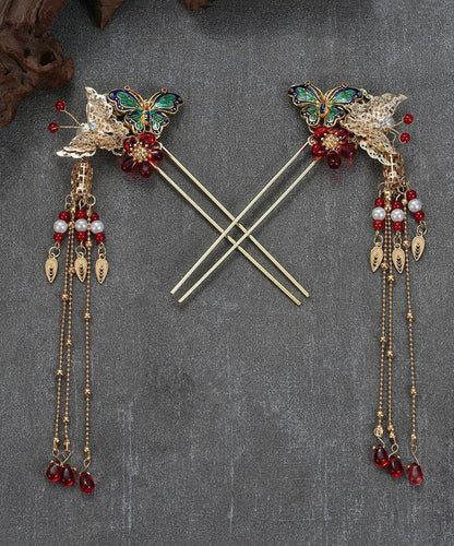Chinese Style Copper Alloy Colored Glaze Butterfly Tassel a Pair Hairpin