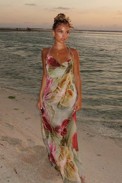 Sheer Print Slit Vacation Maxi Dress