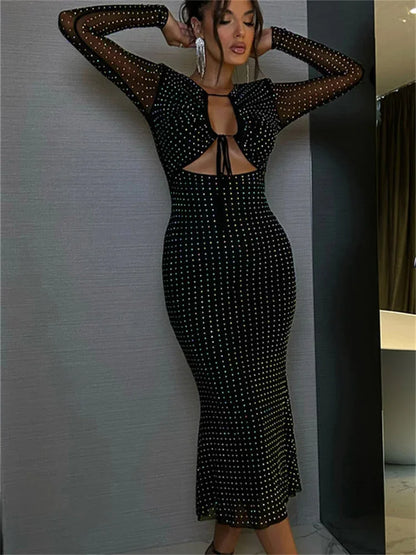 Glitter Hollow Out See-through Maxi Dress Female Lace-up Club High Waist Patchwork Sparkle Bandage Long Dress