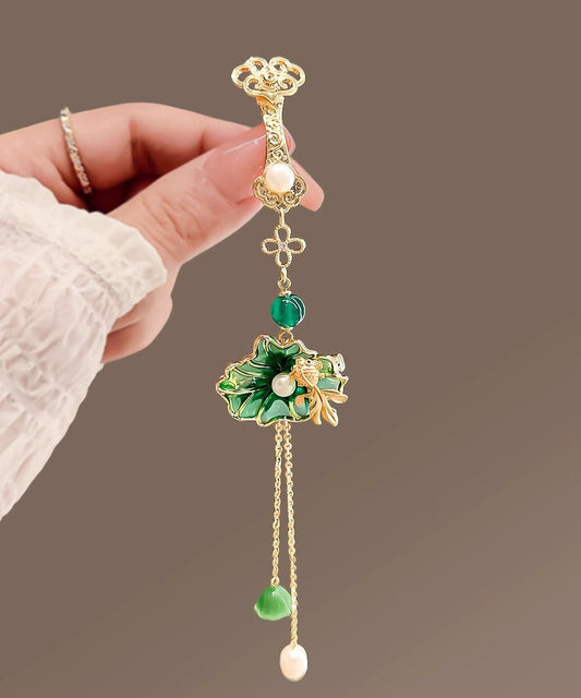 Green Copper Pearl Orchid Tassel Hairpin