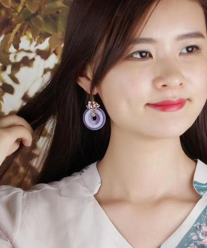 Regular Purple 24k Gold Shell Flower Chalcedony Drop Earrings