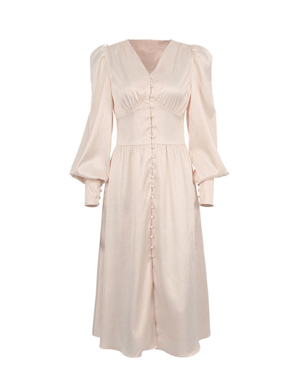 A-line High Waisted Buttoned Pleated Color V-neck Midi Dresses
