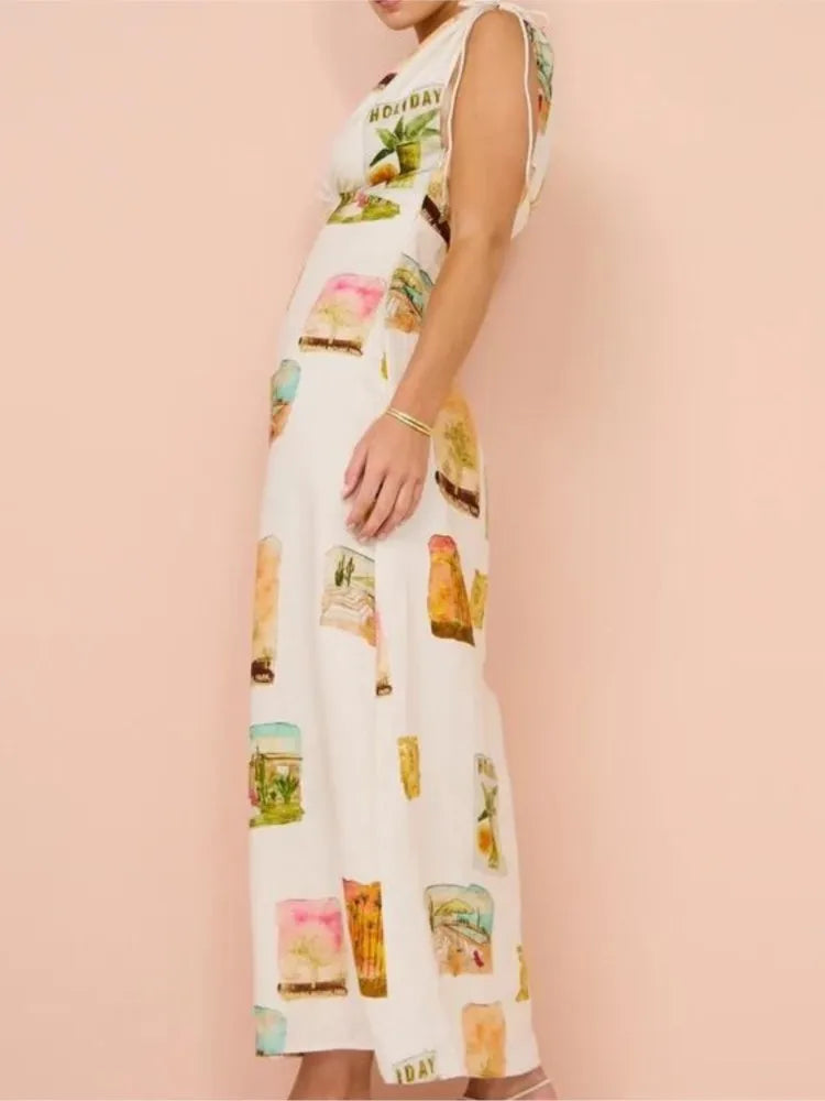 Ramie Colorful Printed Long Dresses for Sleeveless V-neck Y2k Style Dress Temperament A-line Maxi Vestidos