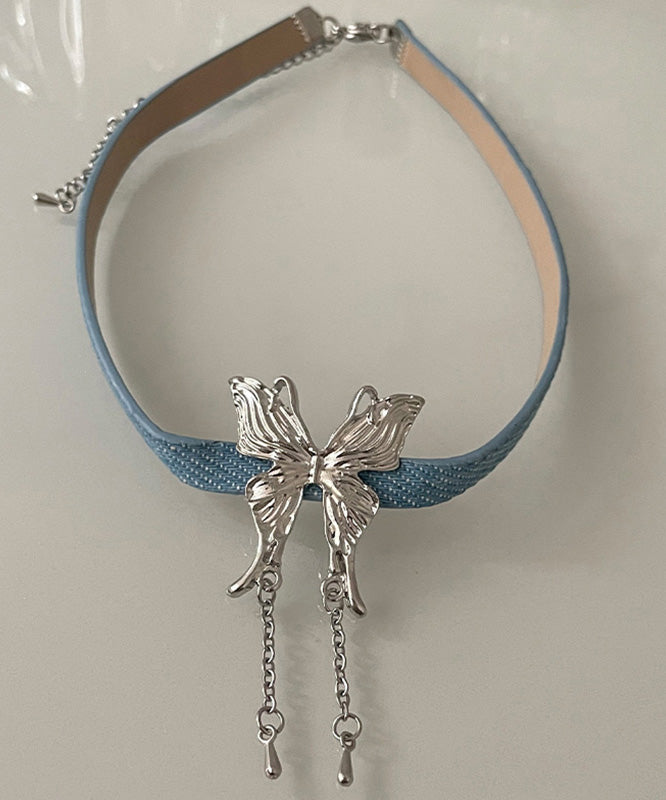 Blue Alloy Leather Rope Butterfly Tassel Pendant Necklace
