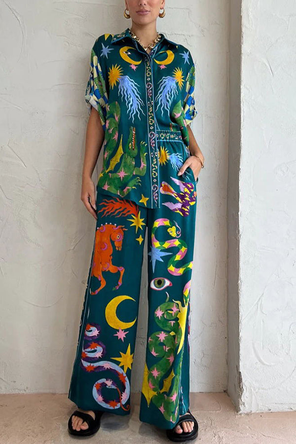 Beachy Linen Blend Unique Print Button Down Oversized Blouse