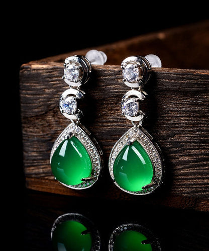 Green Sterling Silver Inlaid Zircon Chalcedony Water Drop Drop Earrings