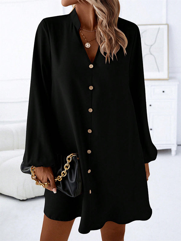 A-line Long Sleeves Buttoned Color V-neck Mini Dresses