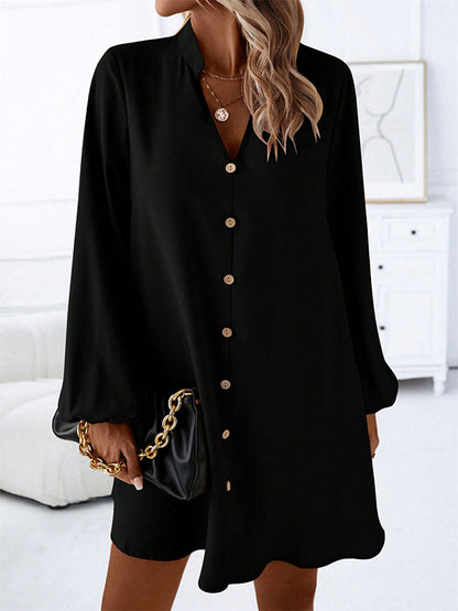 A-line Long Sleeves Buttoned Color V-neck Mini Dresses