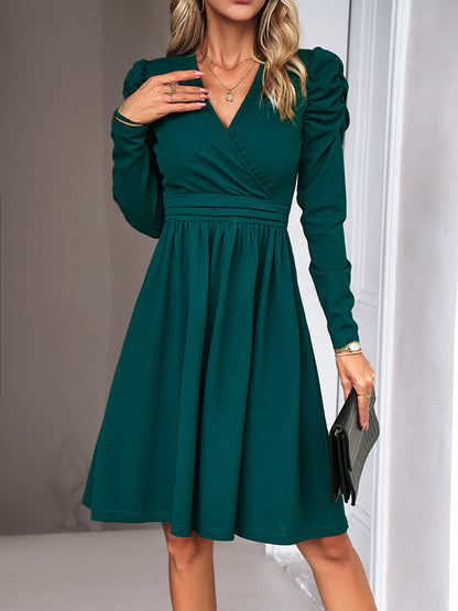 Puff Sleeves Skinny Pleated Color Split-joint V-neck Midi Dresses