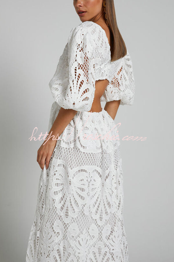 Color V Neck Hollow Lace Waistless Maxi Dress