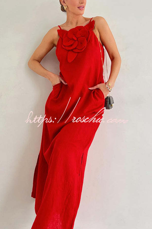 Vacay Ready Linen Blend Embellishment Pocketed Slit Maxi Dress