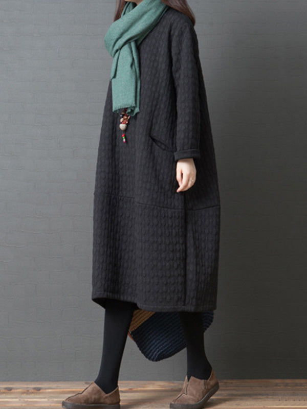 Loose Color Split-joint With Pocket Round-neck Long Sleeves Midi Dress