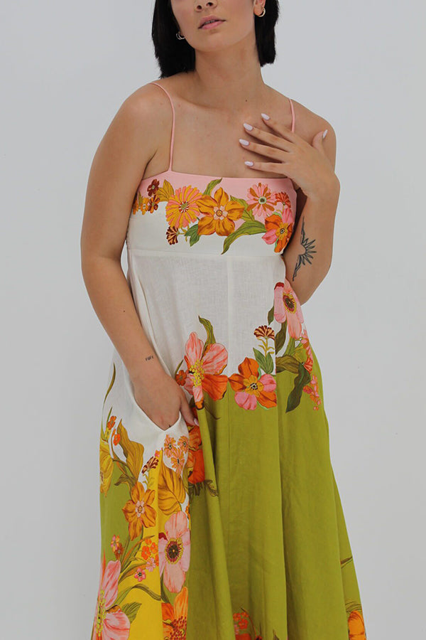 Malakai Linen Blend Contrast Print Back Smocked Pocket Maxi Dress