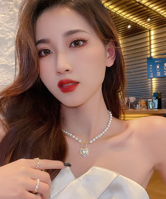 Gold Alloy Zircon Pearl Pendant Necklace