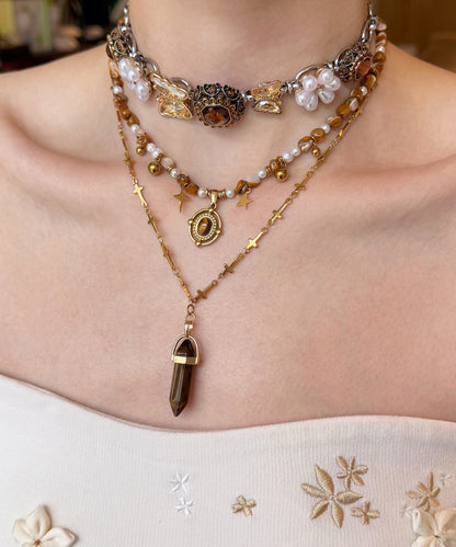 Brown Tiger's Eye Pearl Butterfly Titanium Steel Three Piece Set Pendant Necklace
