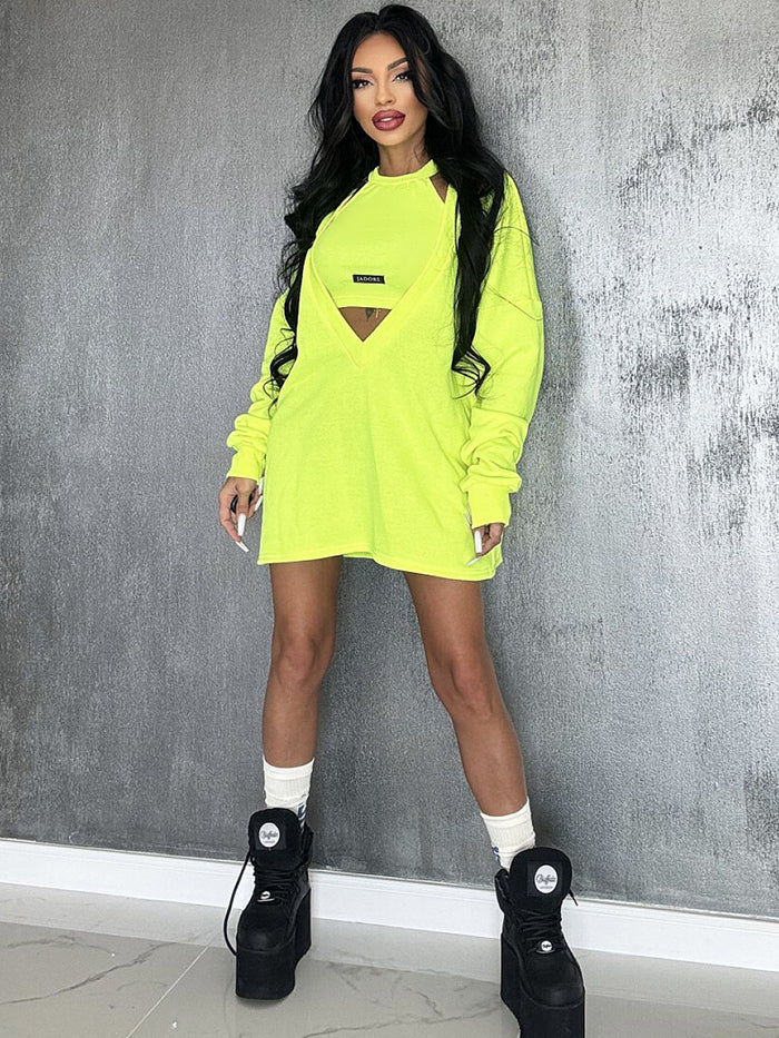 Loose Color Round-neck Mini Dresses & Vest Top Two Pieces Set