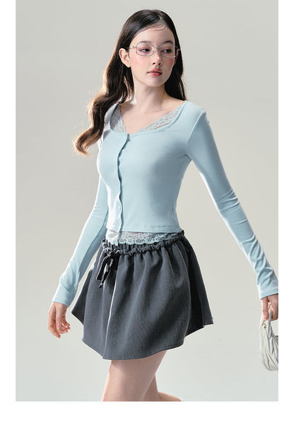 Mint Button Down Lace Trim Cardigan