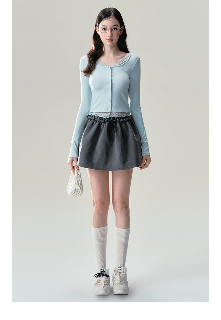 Mint Button Down Lace Trim Cardigan