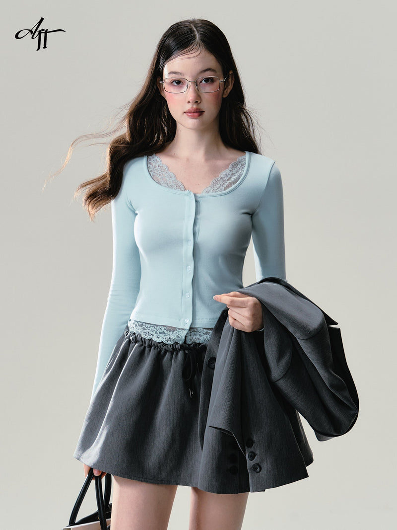 Mint Button Down Lace Trim Cardigan