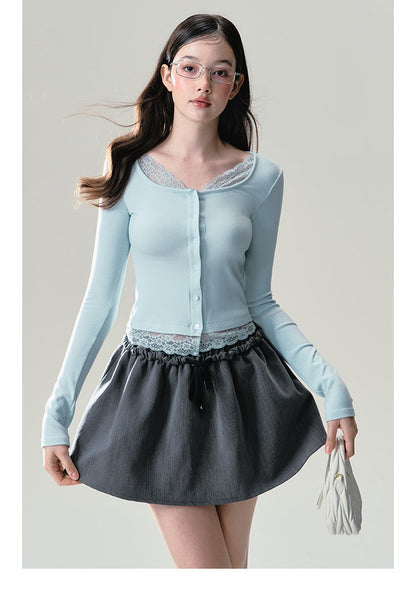 Mint Button Down Lace Trim Cardigan
