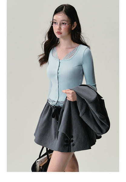 Mint Button Down Lace Trim Cardigan