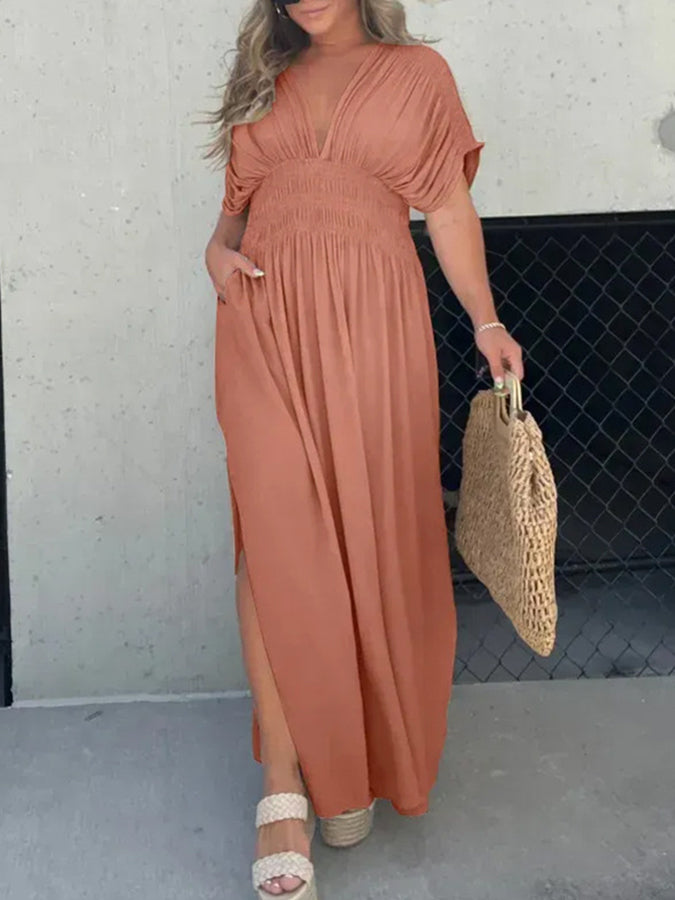 V Neck Batwing Sleeves Elastic Waist Maxi Dress