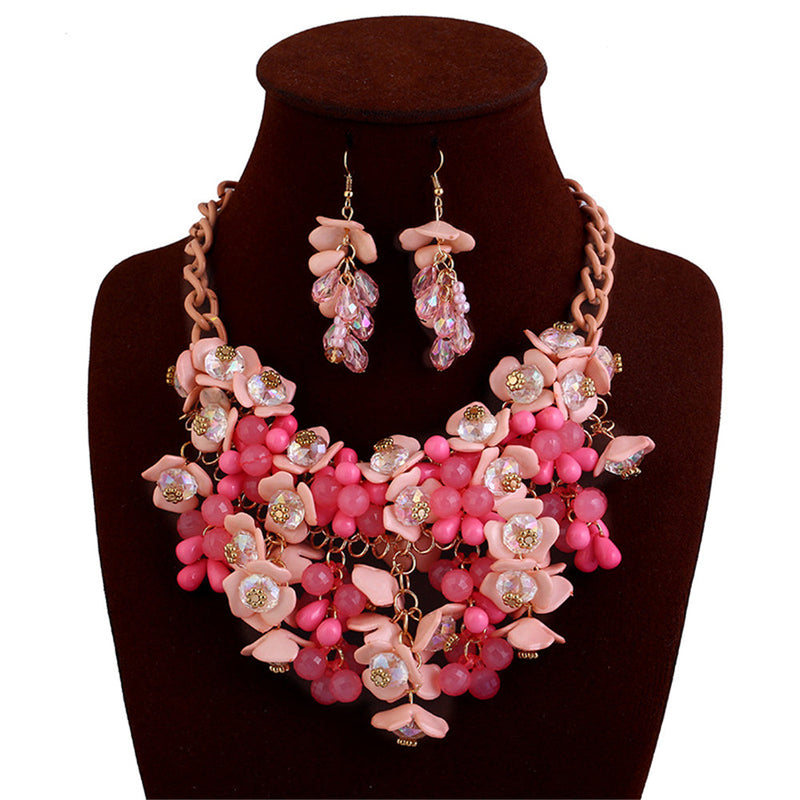 Characteristic Colorful Flower Necklace Earrings Jewelry Set Gift Lady