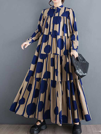 A-line Long Sleeves Buttoned Pleated Polka-dot Split-joint Stand Collar Maxi Dresses Shirt Dress