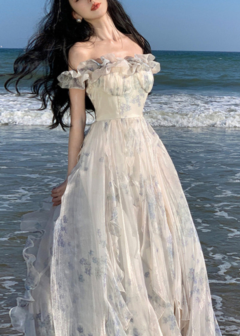 Ruffled Print Patchwork Chiffon Long Dresses Summer Tt1020