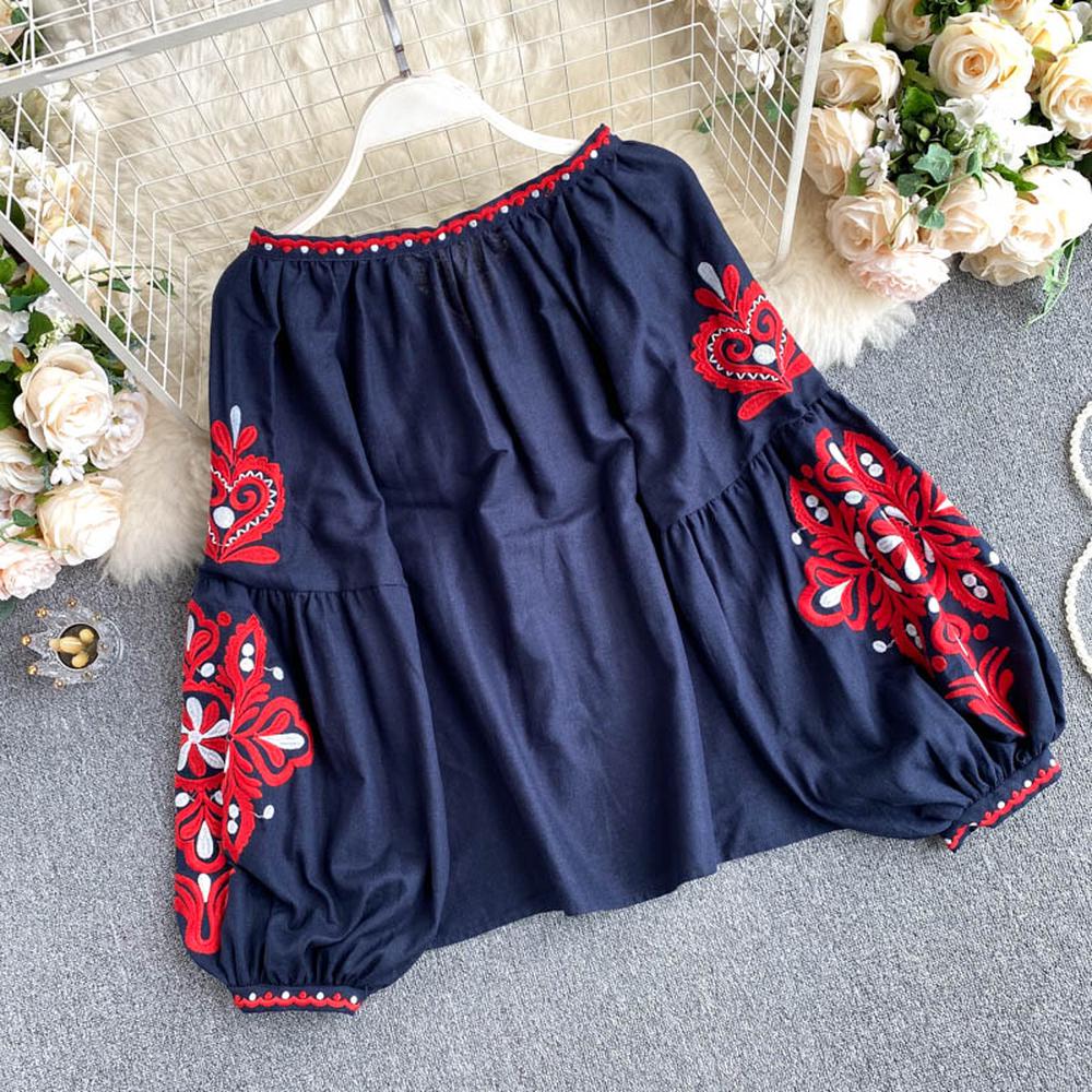 Retro White V-neck Lace-up Tassel Embroidered Lantern Sleeve Blouse