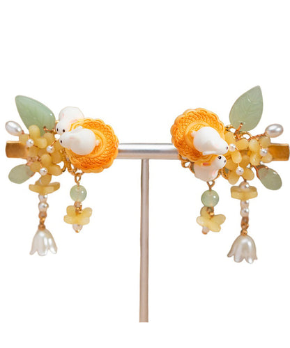 Stylish Yellow Copper Alloy Pearl Resin Tassel Kids a Pair Hairpin