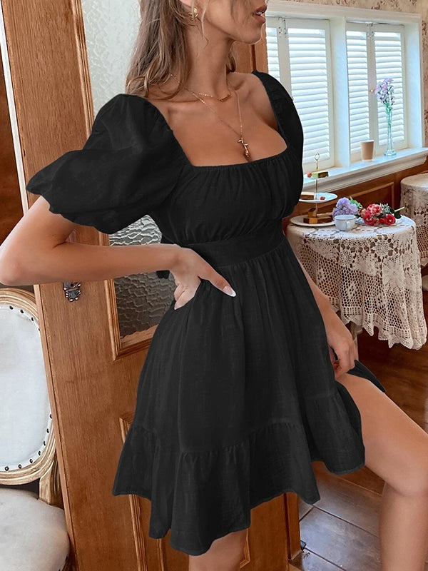 High Waisted Loose Backless Bowknot Elasticity Pleated Color Split-joint Square-neck Mini Dresses